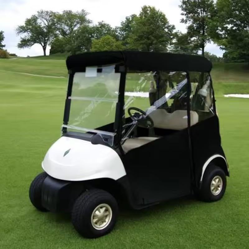 Anrgterg golf cart enclosure front view showing two-passenger weather protection.