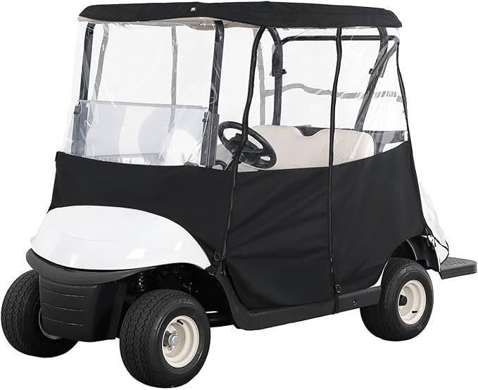 Anrgterg golf cart enclosure side view with doors open for easy gear access.