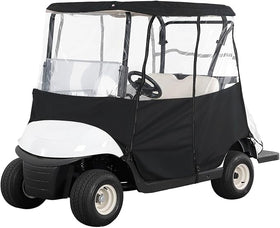 Anrgterg golf cart enclosure side view with doors open for easy gear access.