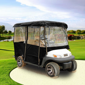 Anrgterg golf cart enclosure with 4-sided rain protection in action.