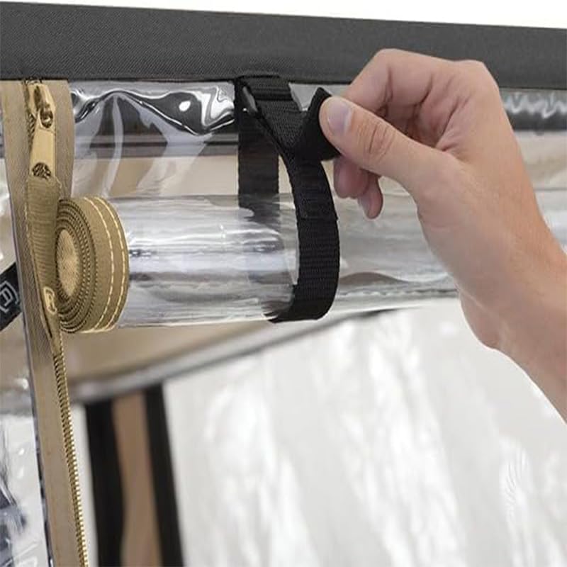 Anrgterg golf cart enclosure folded into portable storage bag for travel.