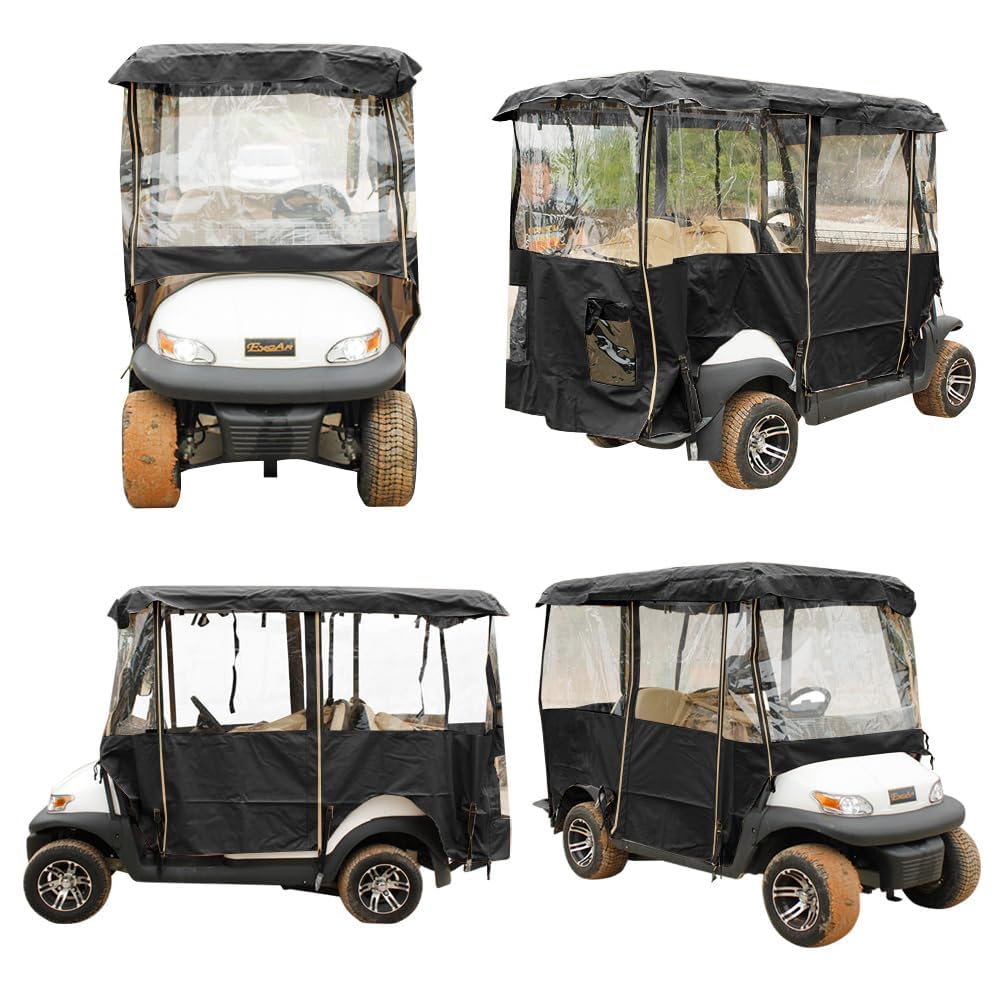 Anrgterg golf cart enclosure with roll-up doors for quick entry.