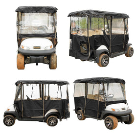 Anrgterg golf cart enclosure with roll-up doors for quick entry.