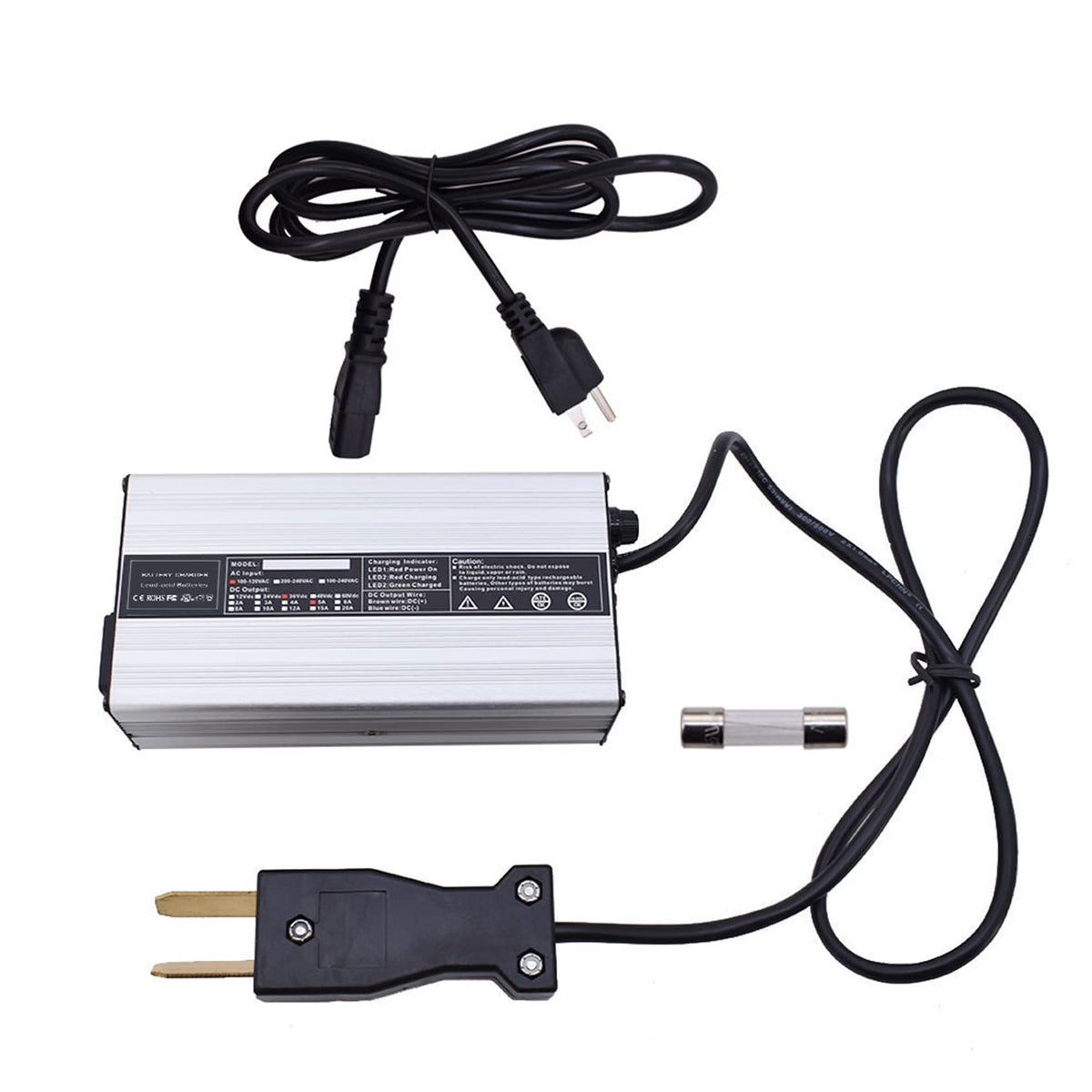ANTUKO 36V 5A charger front view with compact aluminum shell and clear indicators.