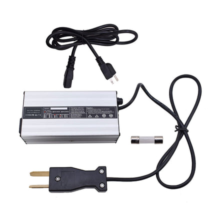 ANTUKO 36V 5A charger front view with compact aluminum shell and clear indicators.