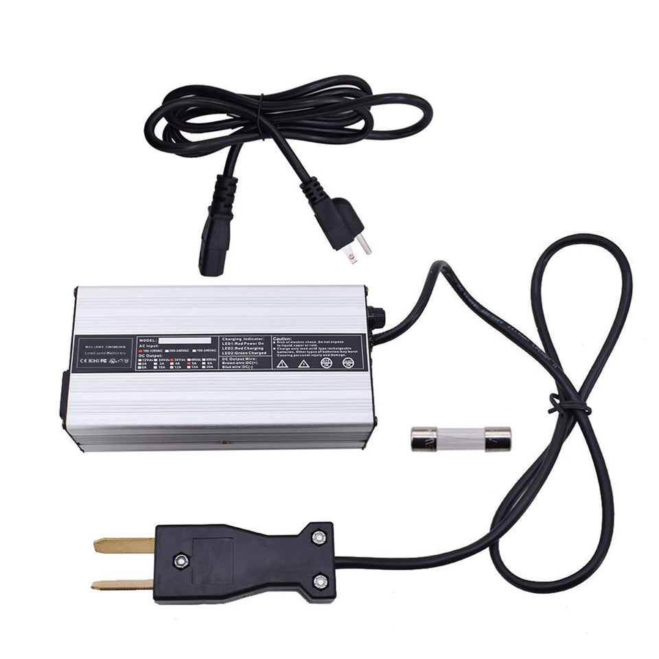 ANTUKO 36V 5A charger front view with compact aluminum shell and clear indicators.