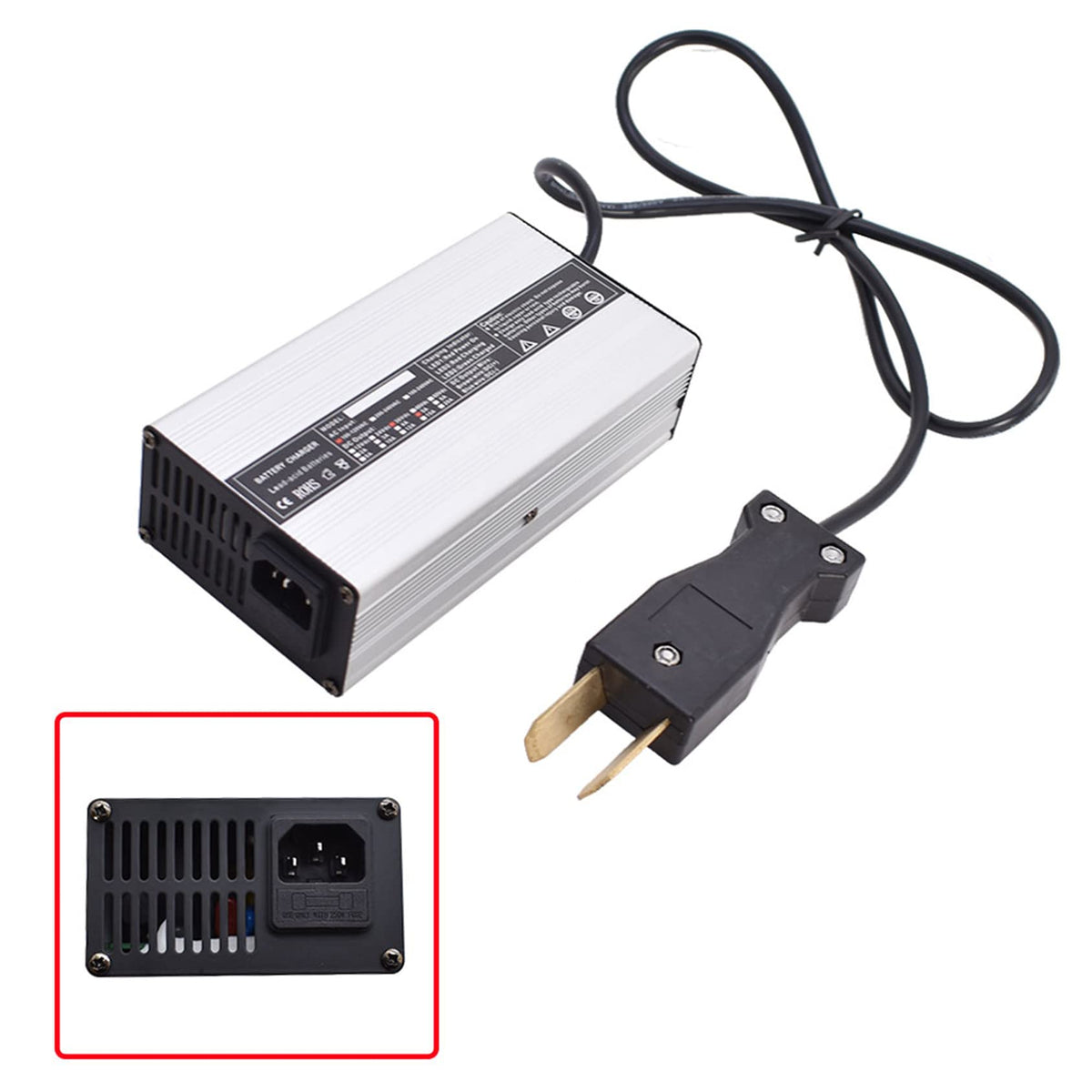 ANTUKO charger side view highlights cooling fan for safe operation.