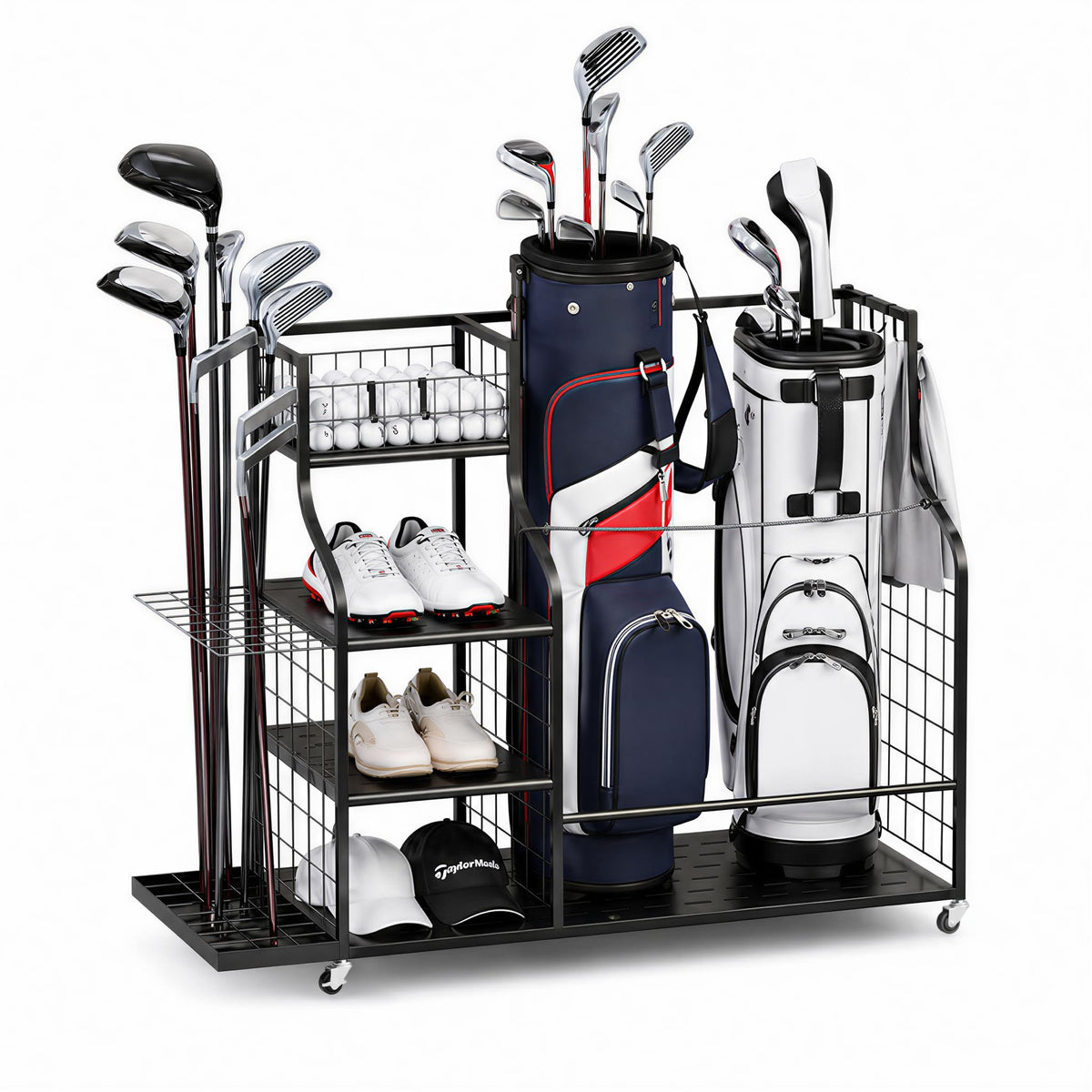 ANYNICE golf bag storage organizer with wheels showcasing two-bag capacity and mobility