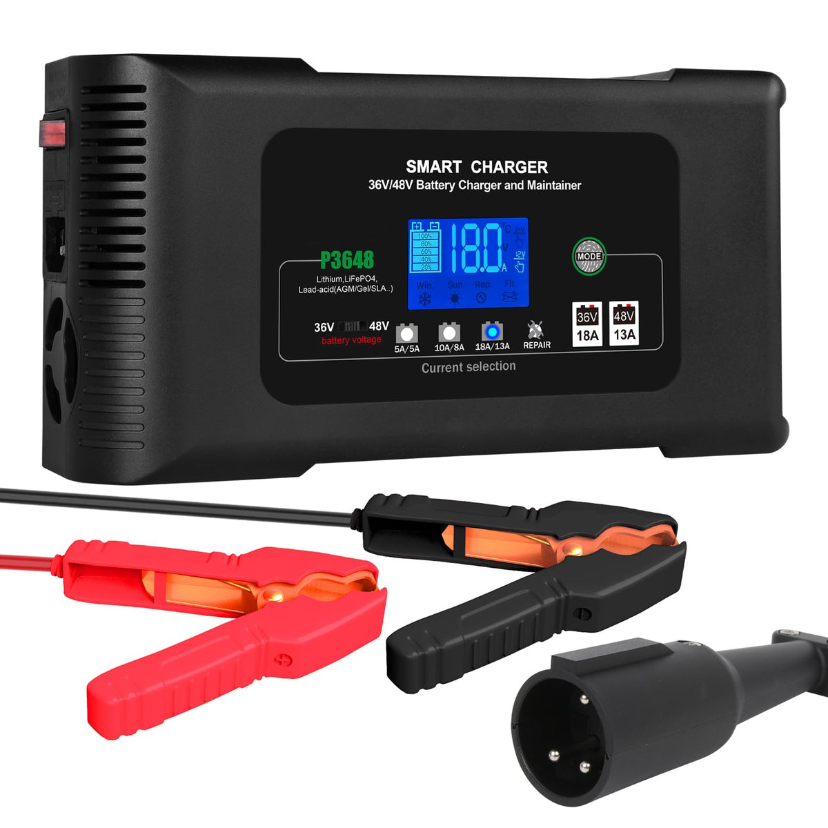 Aorika golf cart charger 36V-18A LCD display shows precise status.