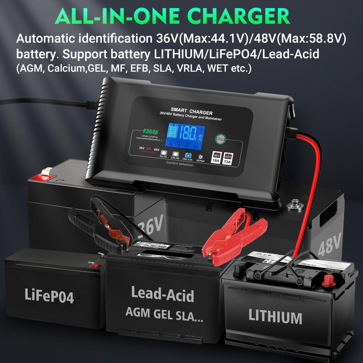Aorika Golf Cart Charger 48V-13A front view for versatile battery support