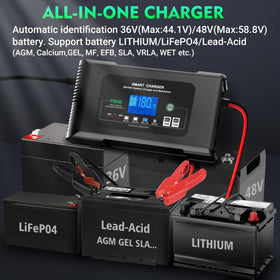 Aorika golf cart charger 48V-13A LCD display shows progress.