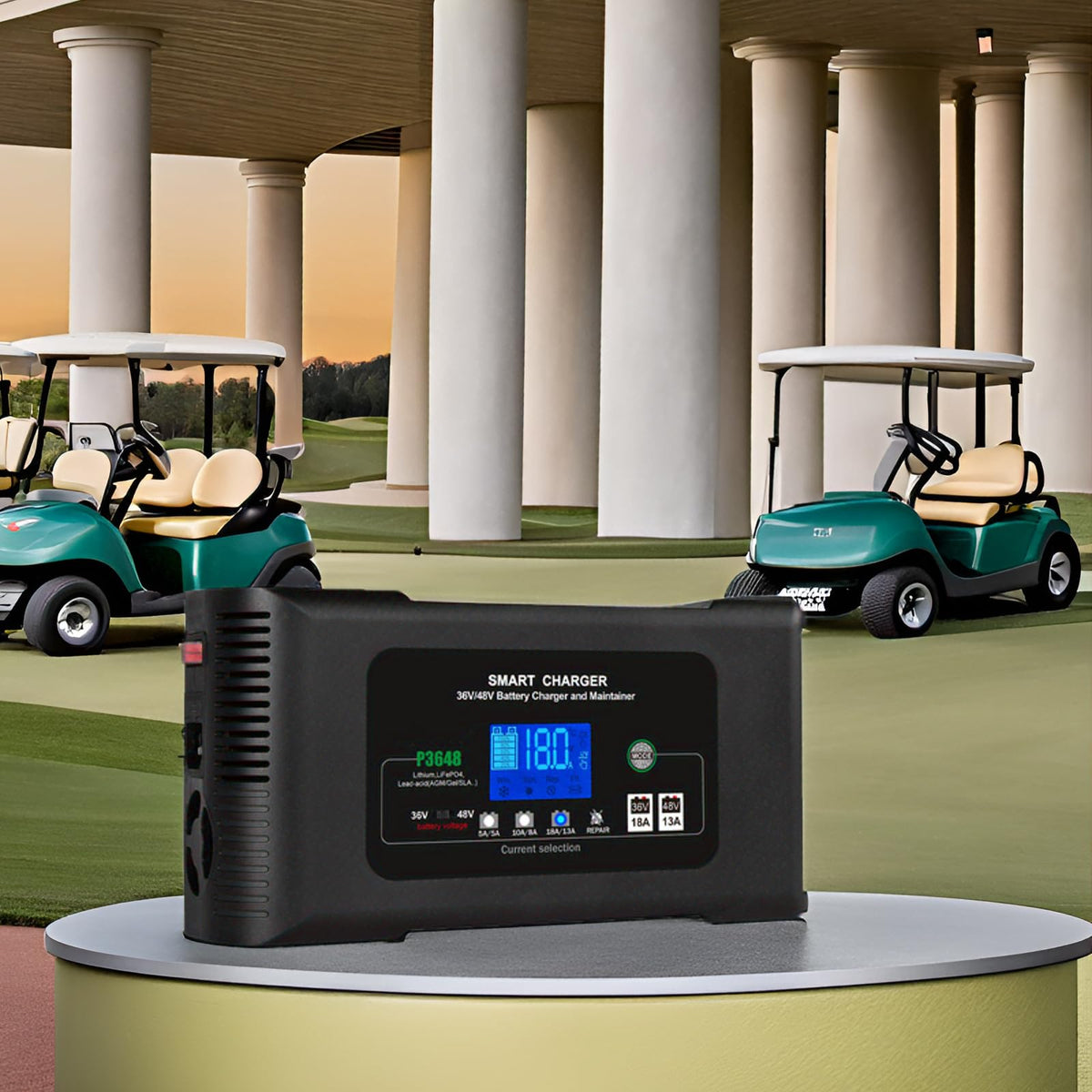 Aorika golf cart charger LCD panel shows voltage, current, and temperature.