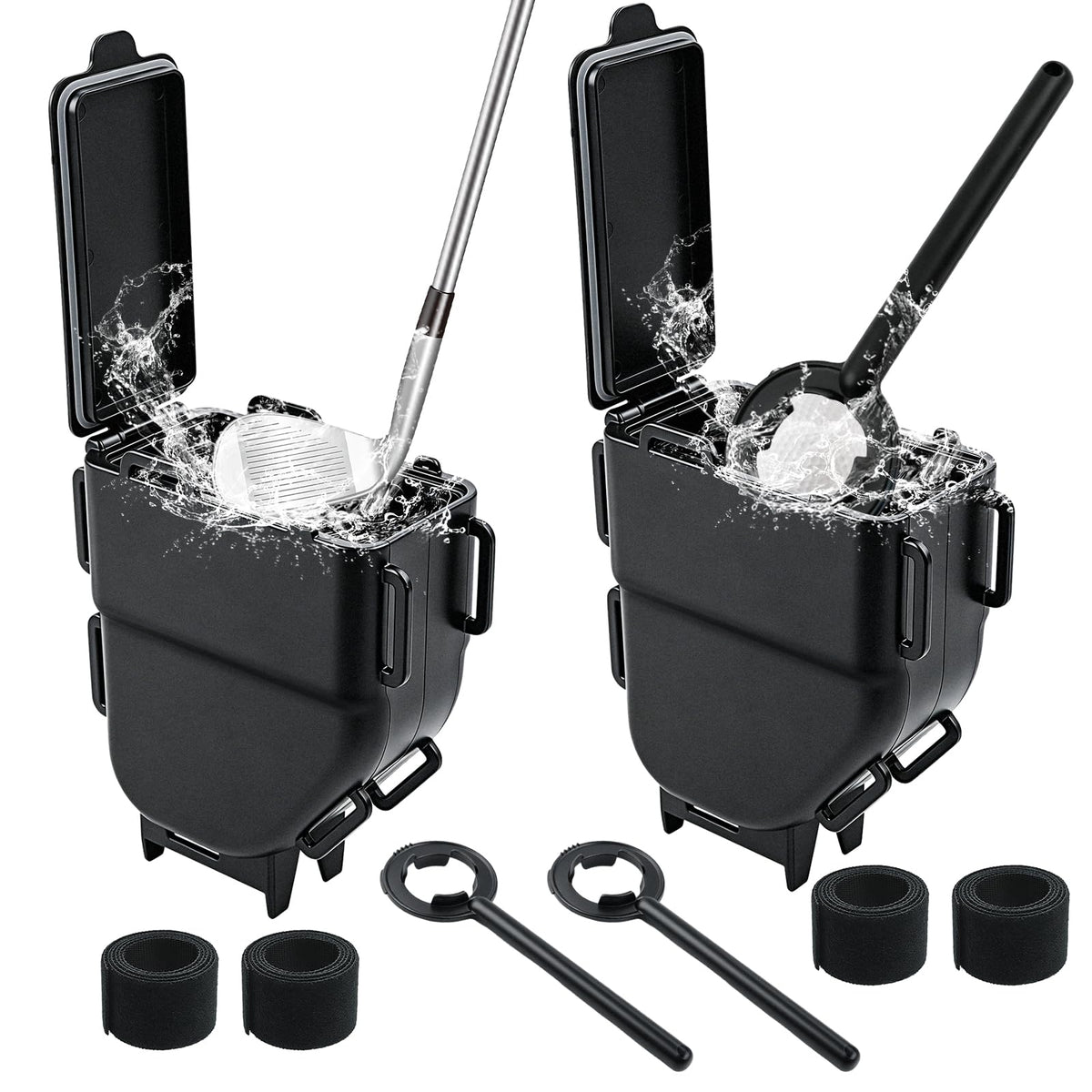 Apaspoil golf cart washer with dual brush front view for quick club cleaning.