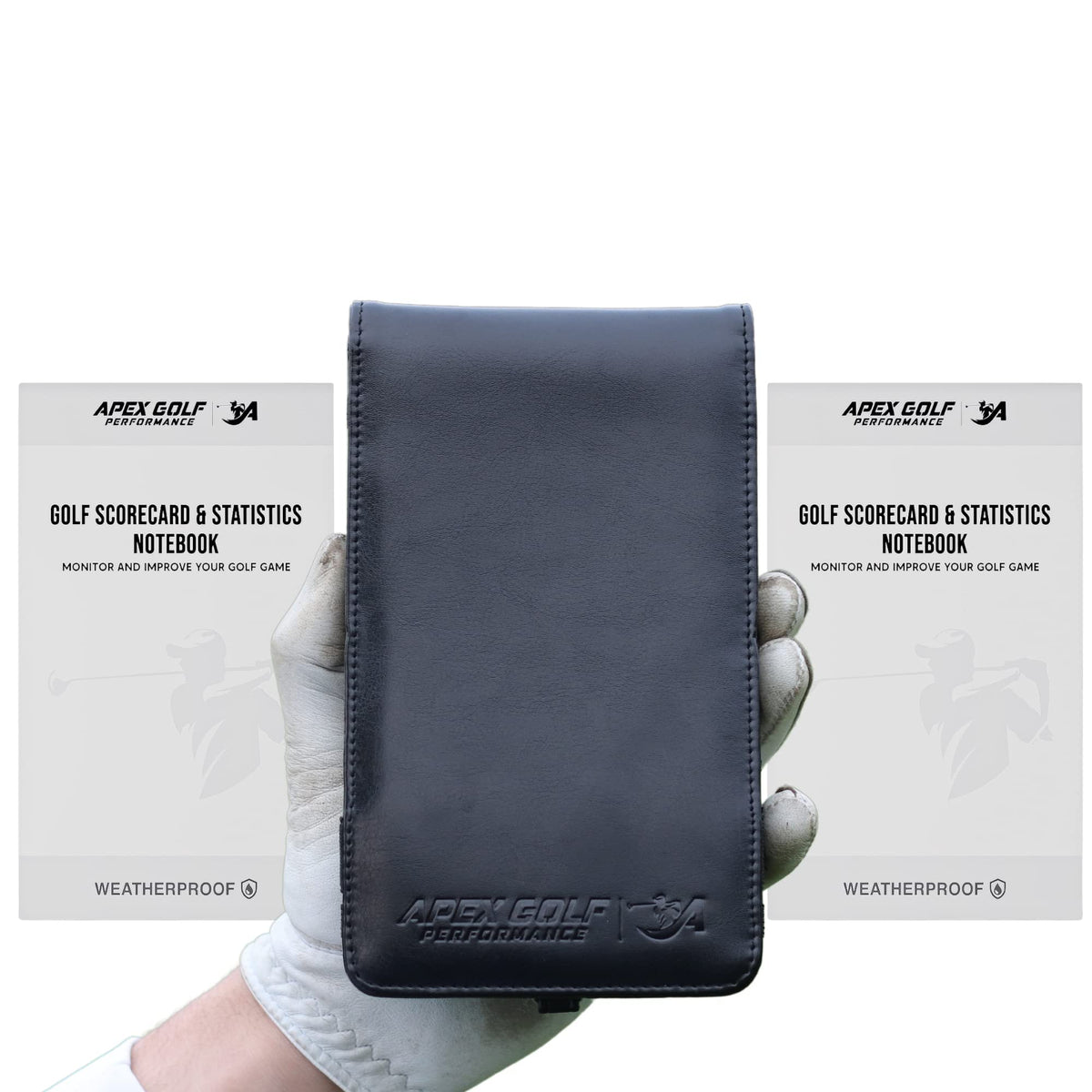 APEX GOLF PERFORMANCE leather scorecard holder keeps scores organized on the course.