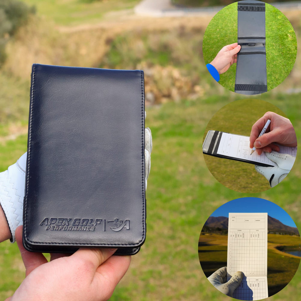 APEX GOLF PERFORMANCE weatherproof notebook withstands rain for reliable note-taking.