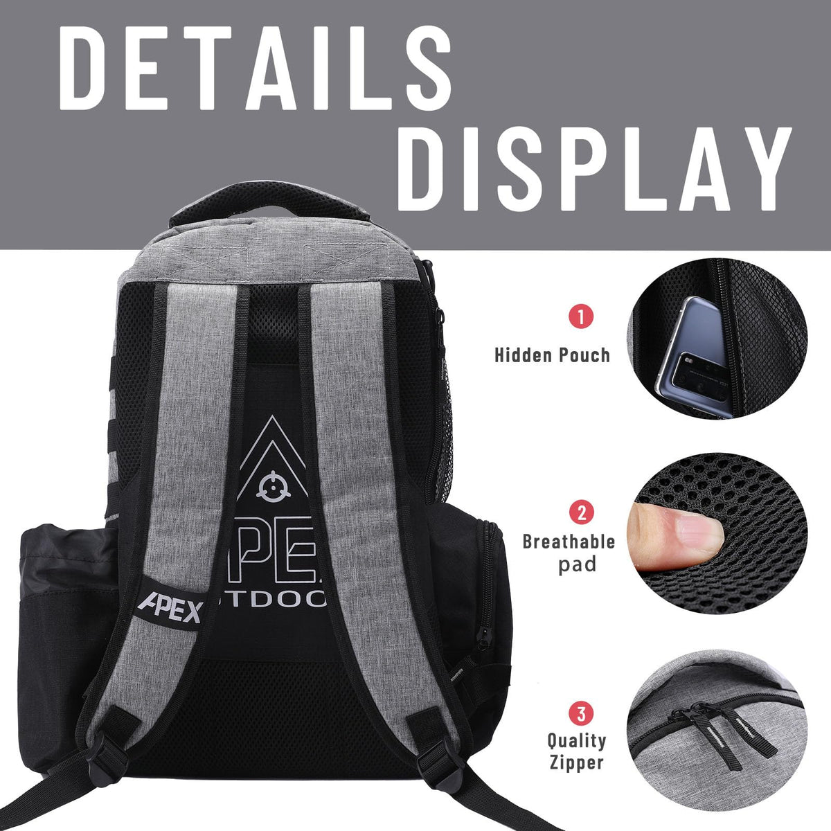 Apex Outdoors disc golf bag using durable 600D material and rigid skeleton to stay upright