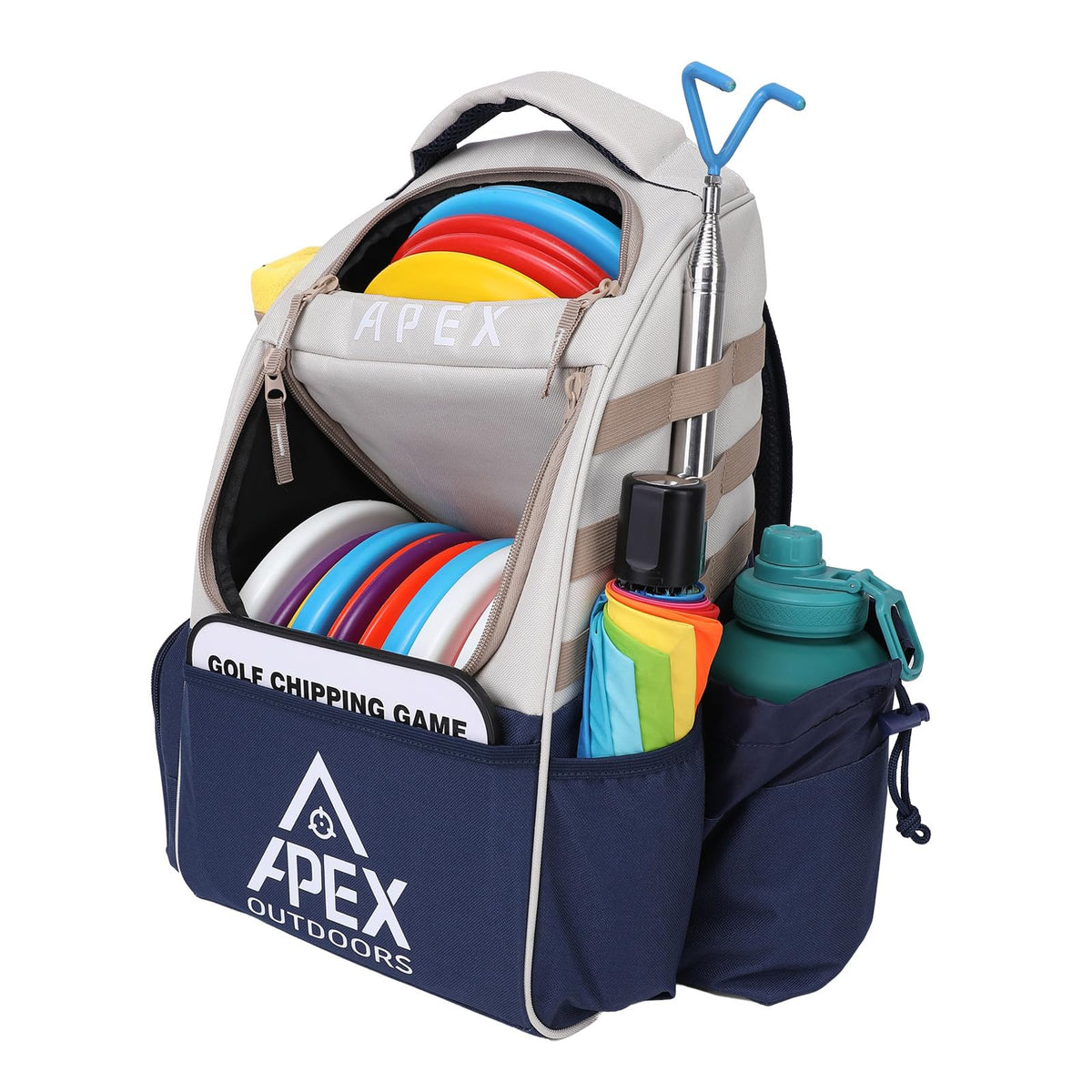 Apex Outdoors disc golf bag front view with organized pockets for quick access.