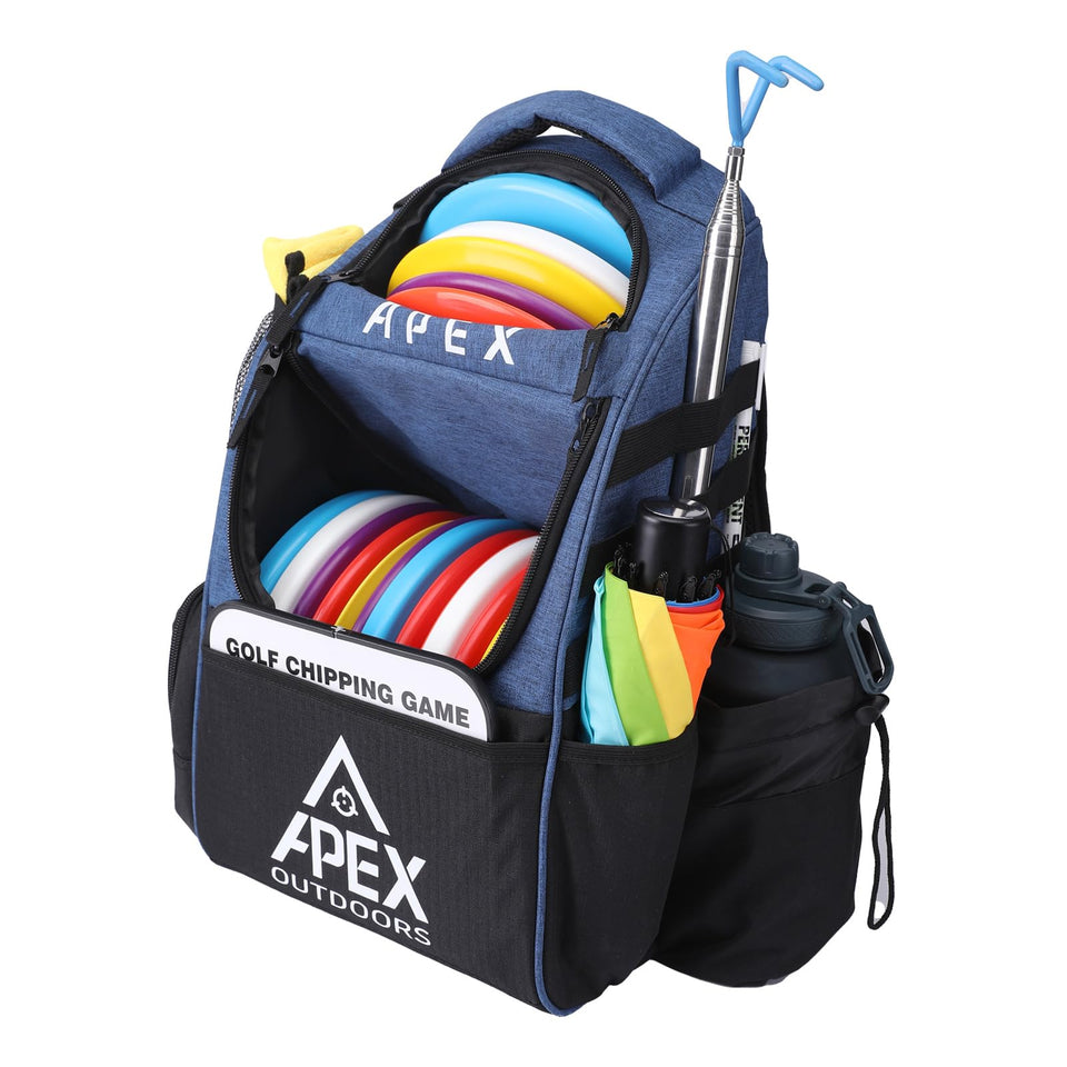 Apex Outdoors disc golf bag with a large main compartment for easy disc transport.