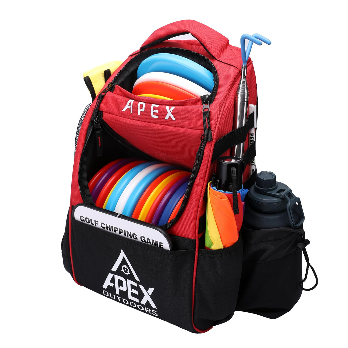 Apex Outdoors Disc Golf Bag showing large capacity for 16 main and 5 upper discs, ideal for rounds