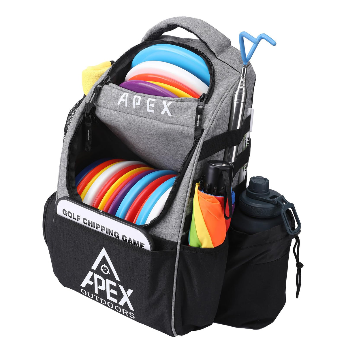 Apex Outdoors disc golf bag main compartment open showing 16-disc capacity for quick access