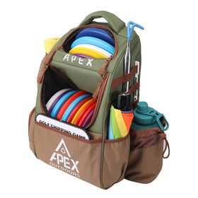 Apex Outdoors Disc Golf Bag main compartment holds 16 discs for tournament-ready packing.