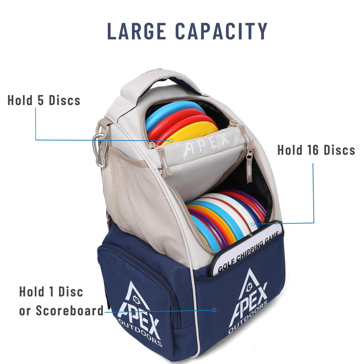 Apex Outdoors disc golf bag main compartment holds up to 16 discs for versatile play.