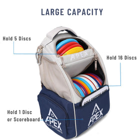 Apex Outdoors disc golf bag main compartment holds up to 16 discs for versatile play.