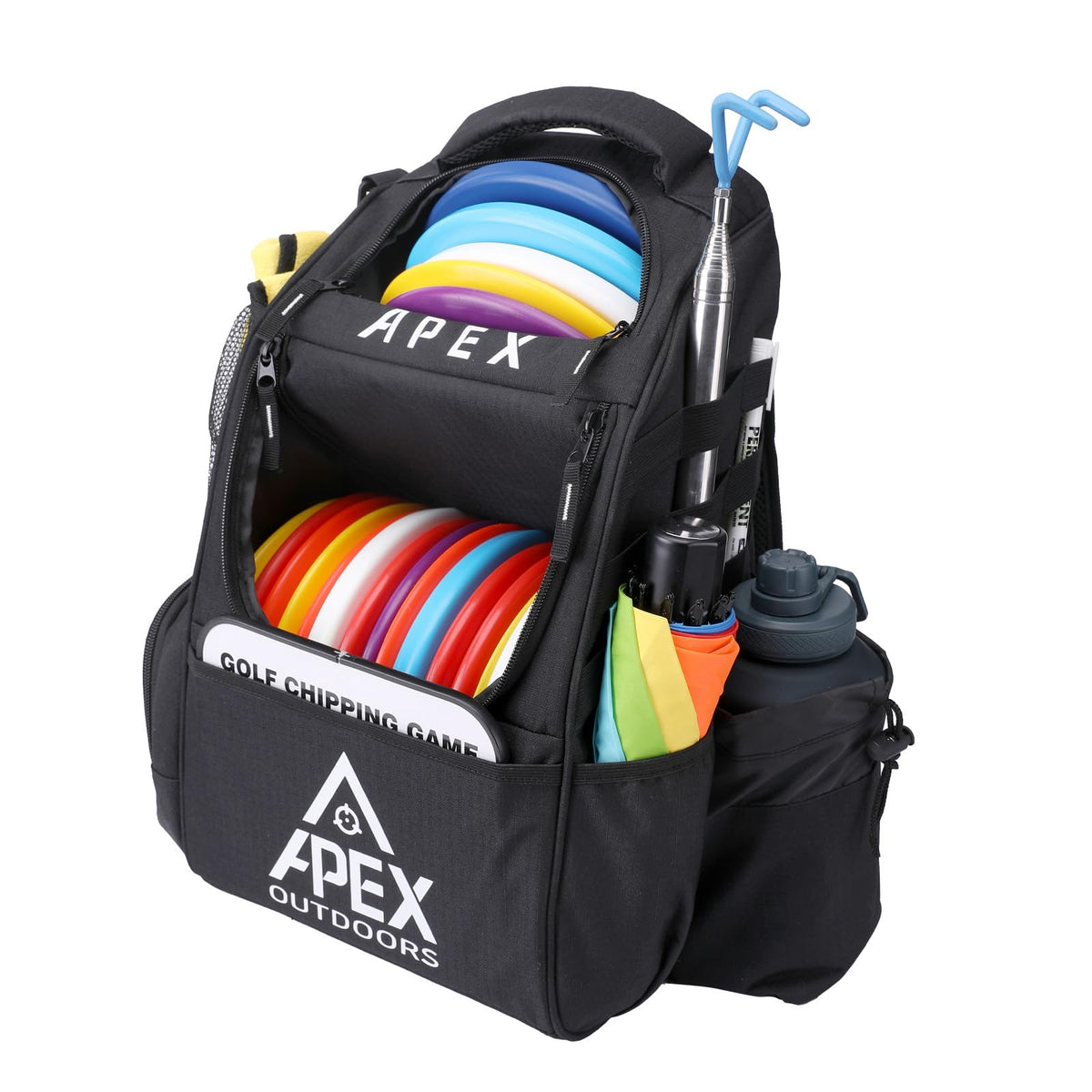 Apex Outdoors disc golf bag main compartment safely holds 16 discs for quick access.