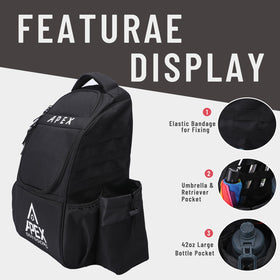 Apex Outdoors disc golf bag multi-pocket organization keeps essentials like keys and phone secure.