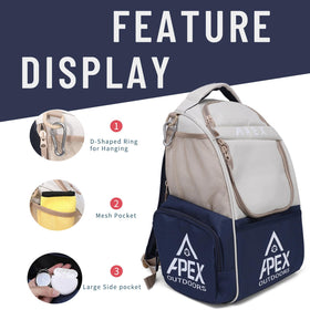Apex Outdoors disc golf bag side pocket designed for water bottle and essentials.