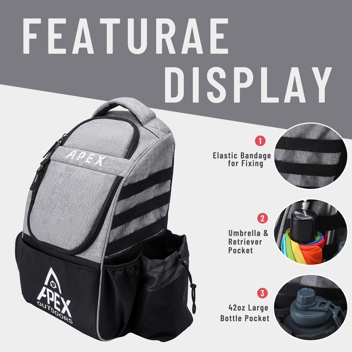 Apex Outdoors disc golf bag with side pockets and water bottle holder for on-course essentials