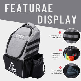 Apex Outdoors disc golf bag with side pockets and water bottle holder for on-course essentials