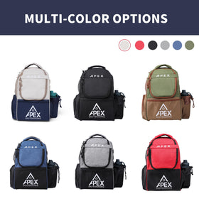 Apex Outdoors disc golf bag built-in rigid skeleton helps it stand upright.