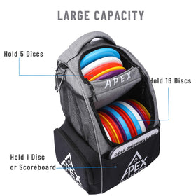Apex Outdoors disc golf bag upper compartment holding five discs for fast top-load access