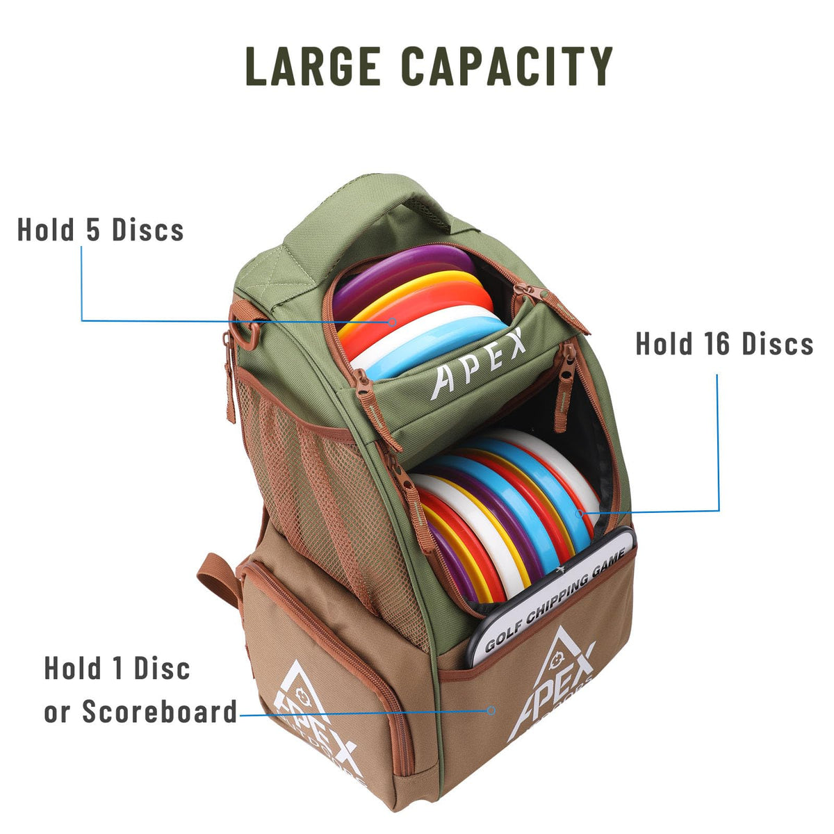 Apex Outdoors Disc Golf Bag upper compartment stores 5 discs for quick access during rounds.
