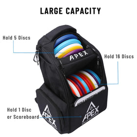 Apex Outdoors disc golf bag upper compartment stores 5 discs for on-course flexibility.