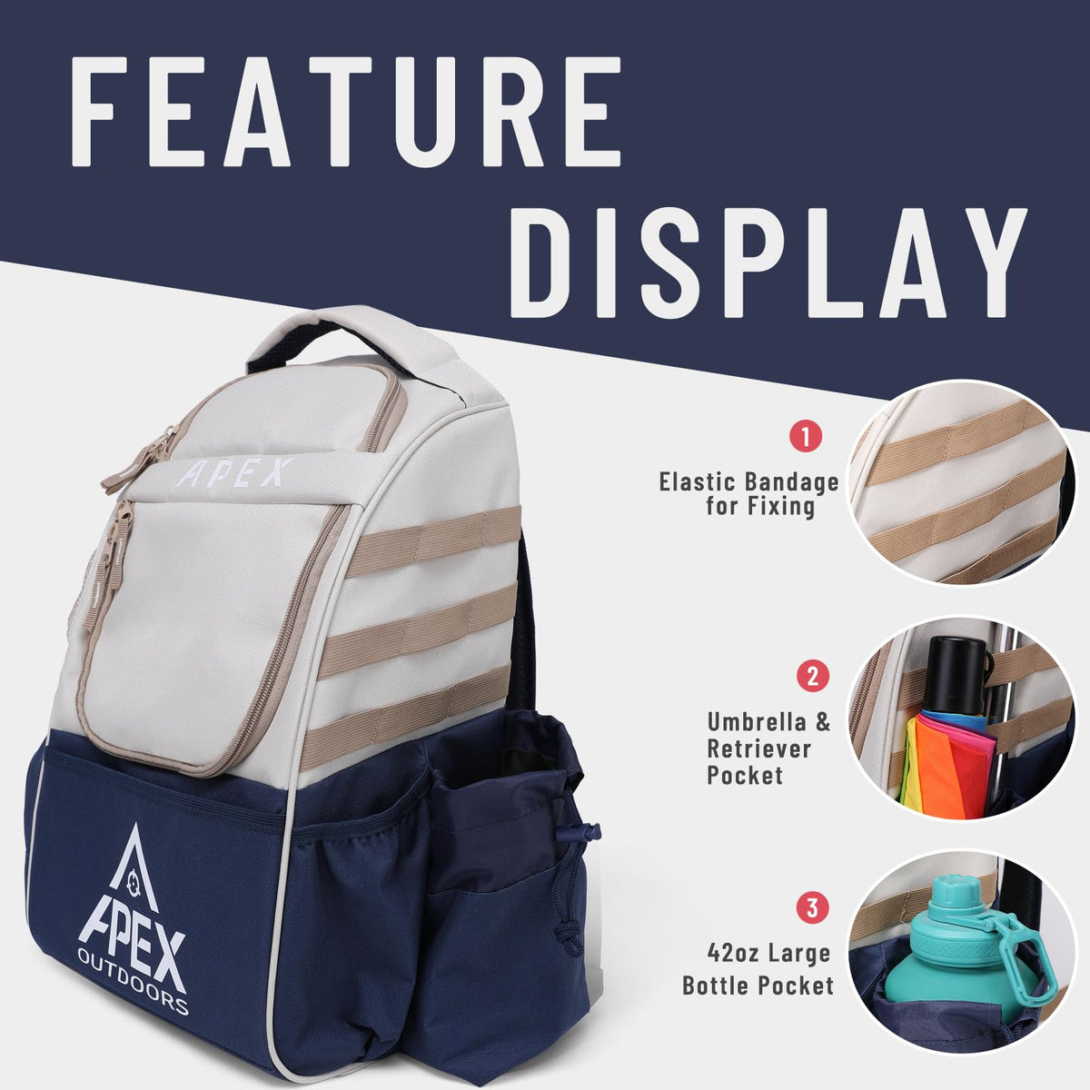 Apex Outdoors disc golf bag upper compartment ready for additional discs.