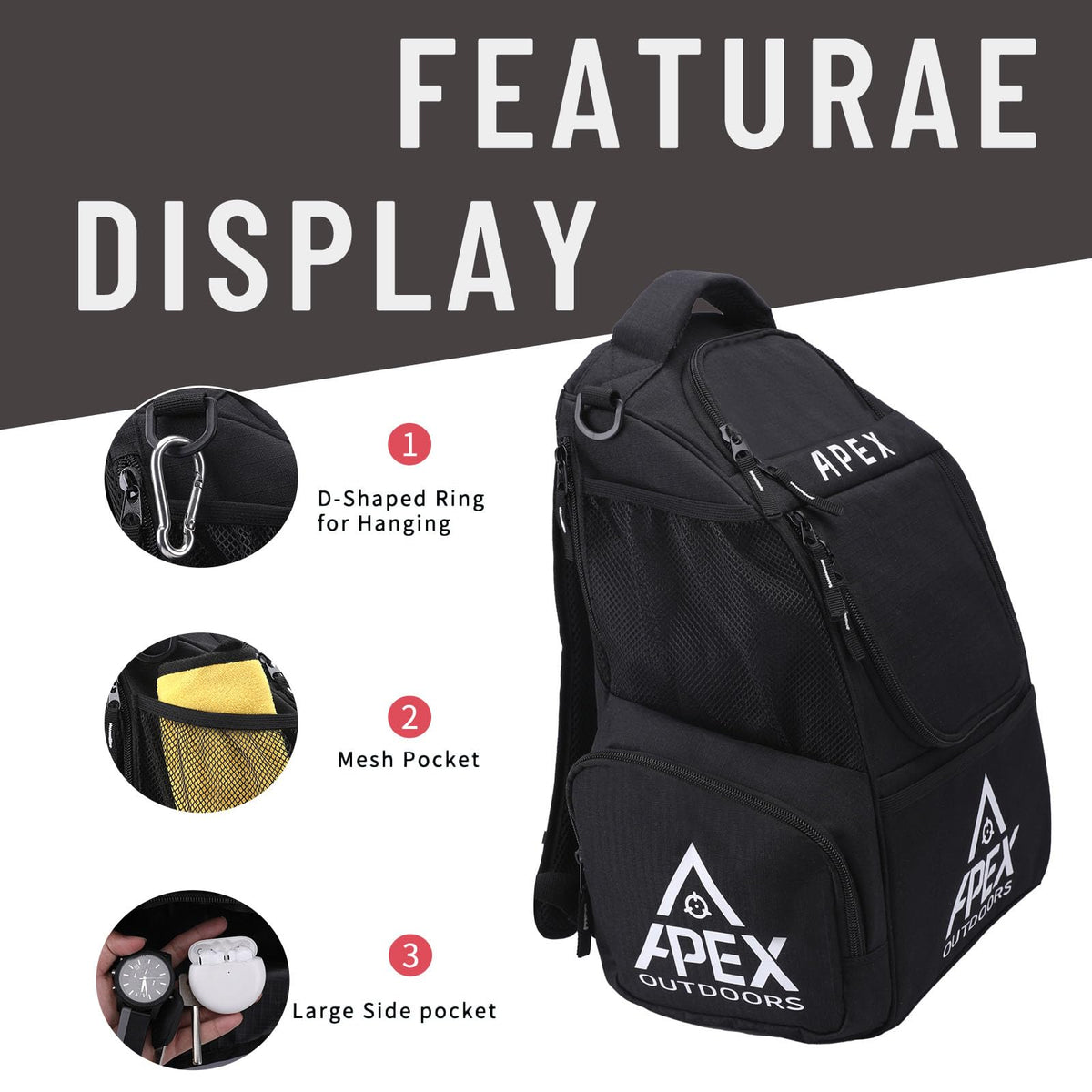 Apex Outdoors disc golf bag water bottle pocket fits a 42oz bottle for hydration.