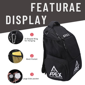 Apex Outdoors disc golf bag water bottle pocket fits a 42oz bottle for hydration.