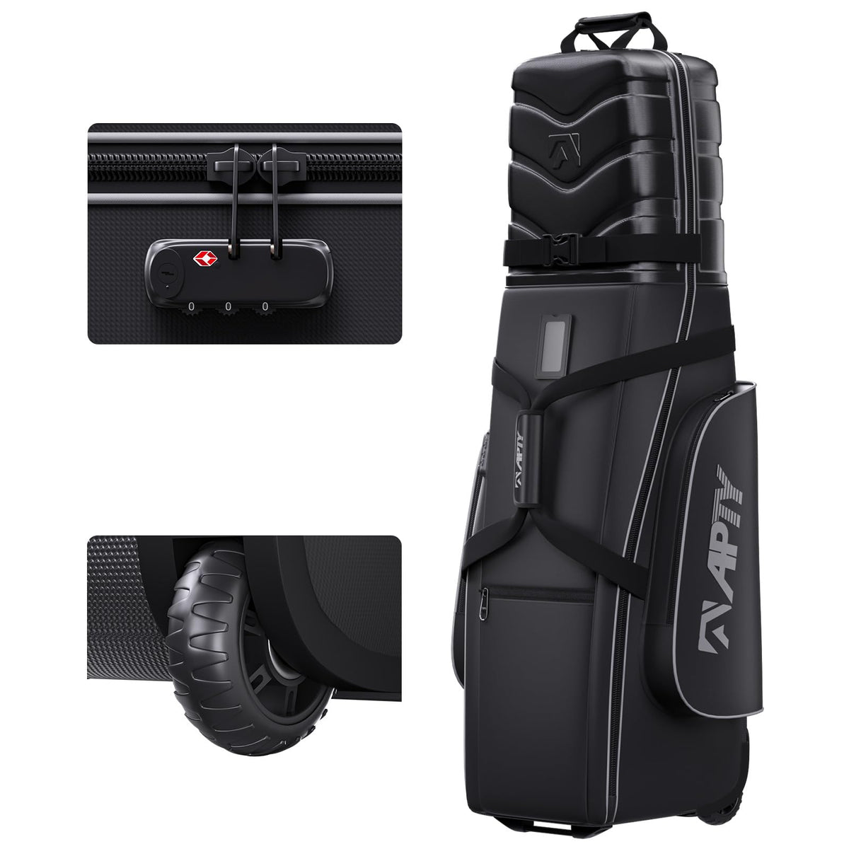APTY hard-case golf travel bag with wheels shows secure club transport capability