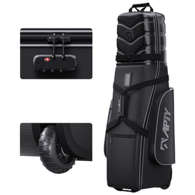 APTY hard-case golf travel bag with wheels shows secure club transport capability