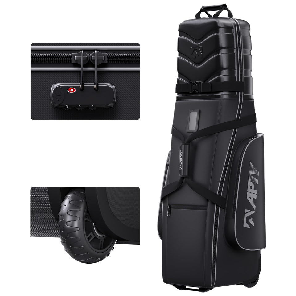APTY hard-case golf travel bag with wheels shows secure club transport capability