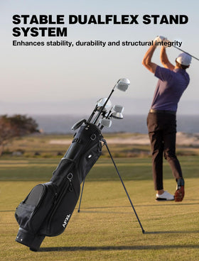 APXL golf bag with detachable rain hood shields clubs from rain and sun.