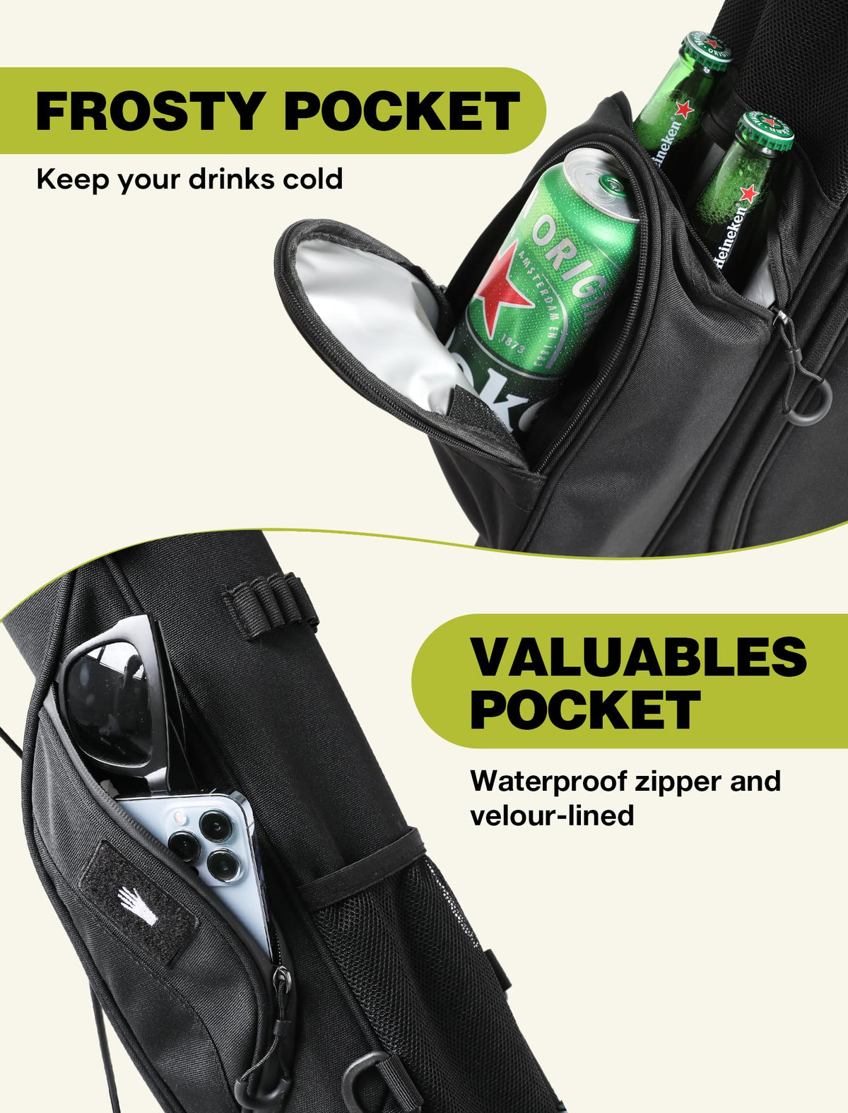 APXL bag features insulated pocket to keep drinks cold on the course.