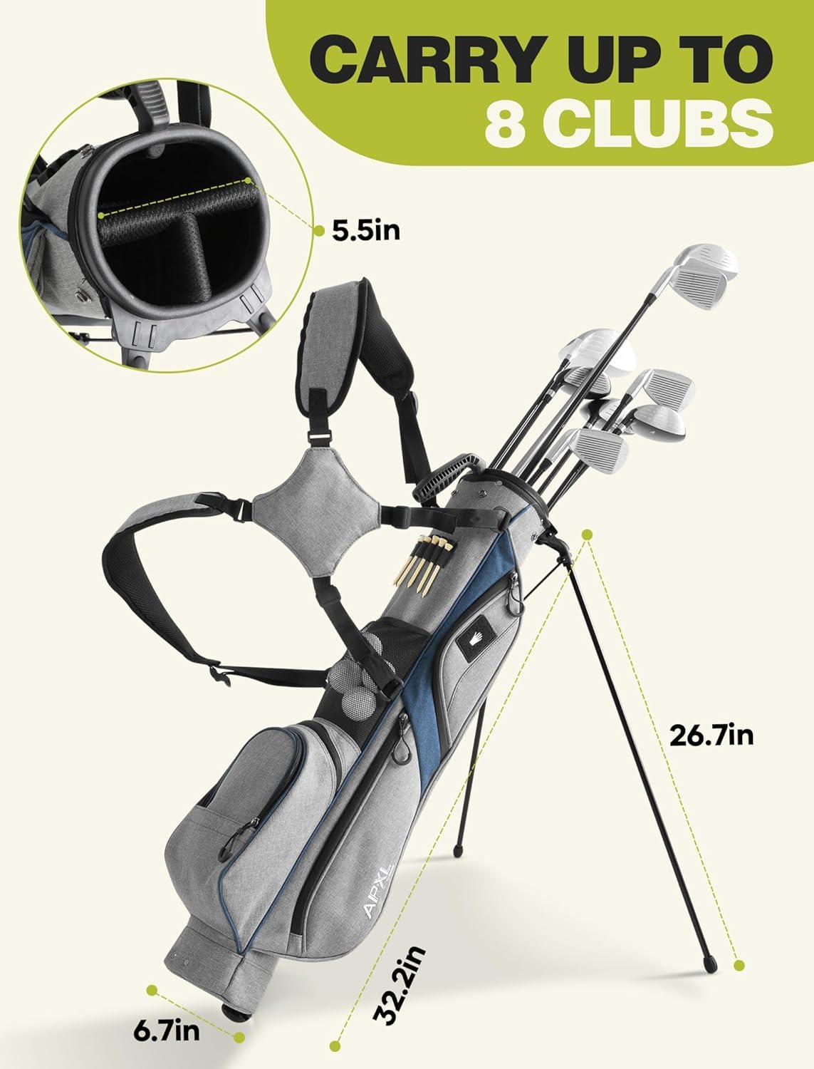 APXL stand bag with 6 pockets and insulated bottle pocket keeps drinks cold.