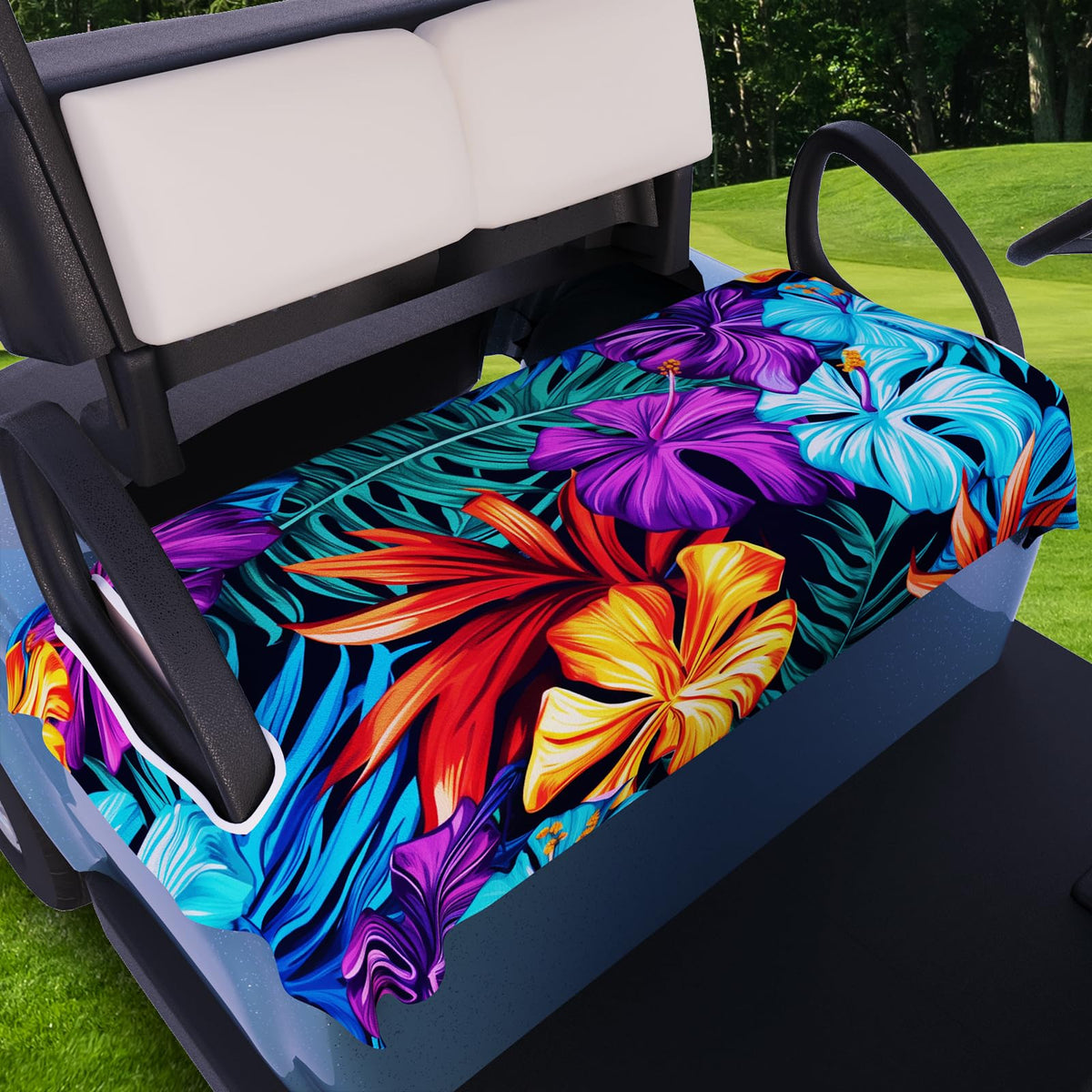 AQQA golf cart seat cover in purple tropical leaves pattern enhances cart style.