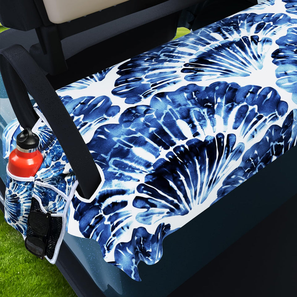 AQQA tropical feather shell seat cover adds stylish protection for two-seat golf carts.