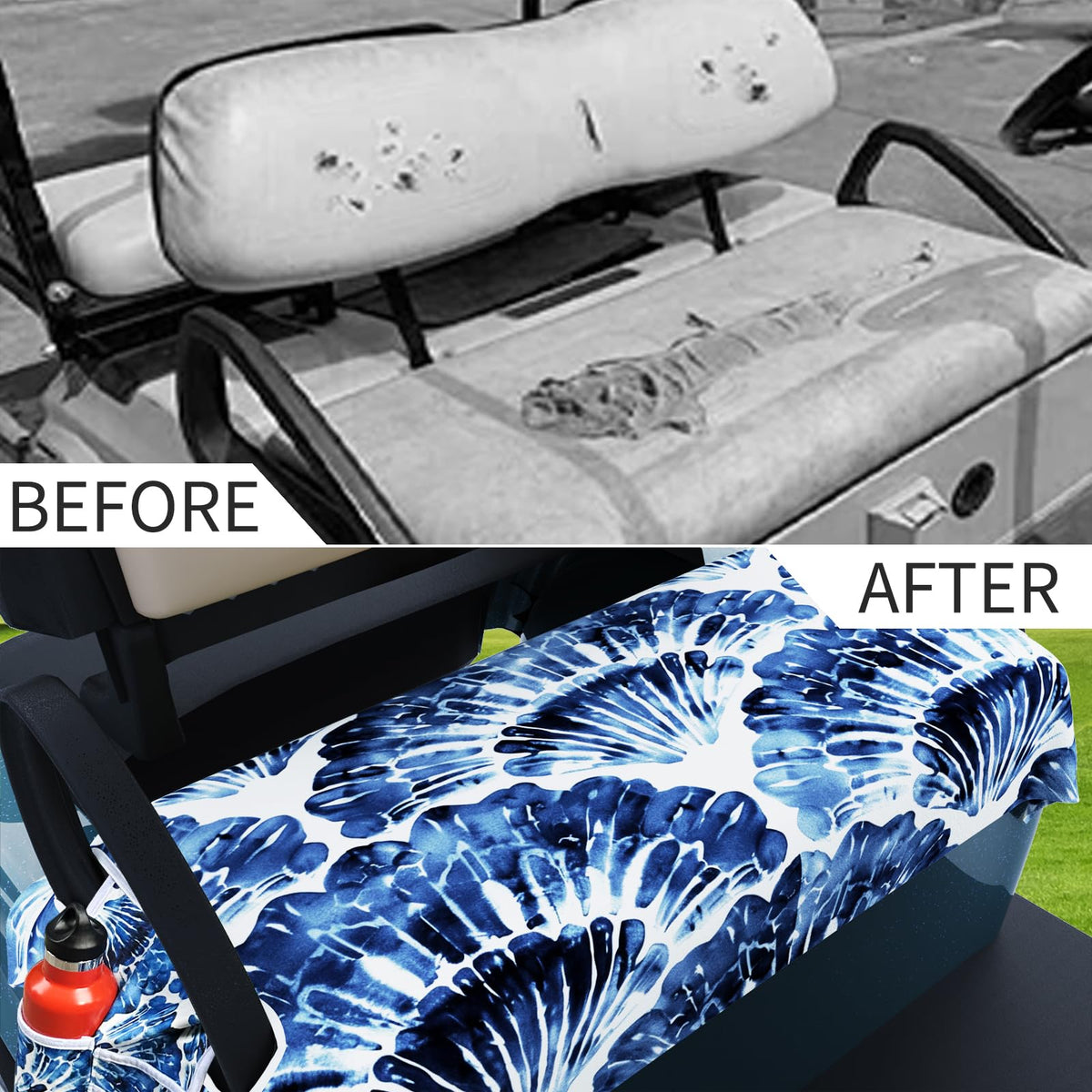 AQQA 55x32 seat towel demonstrates full-seat coverage for two-seat carts.