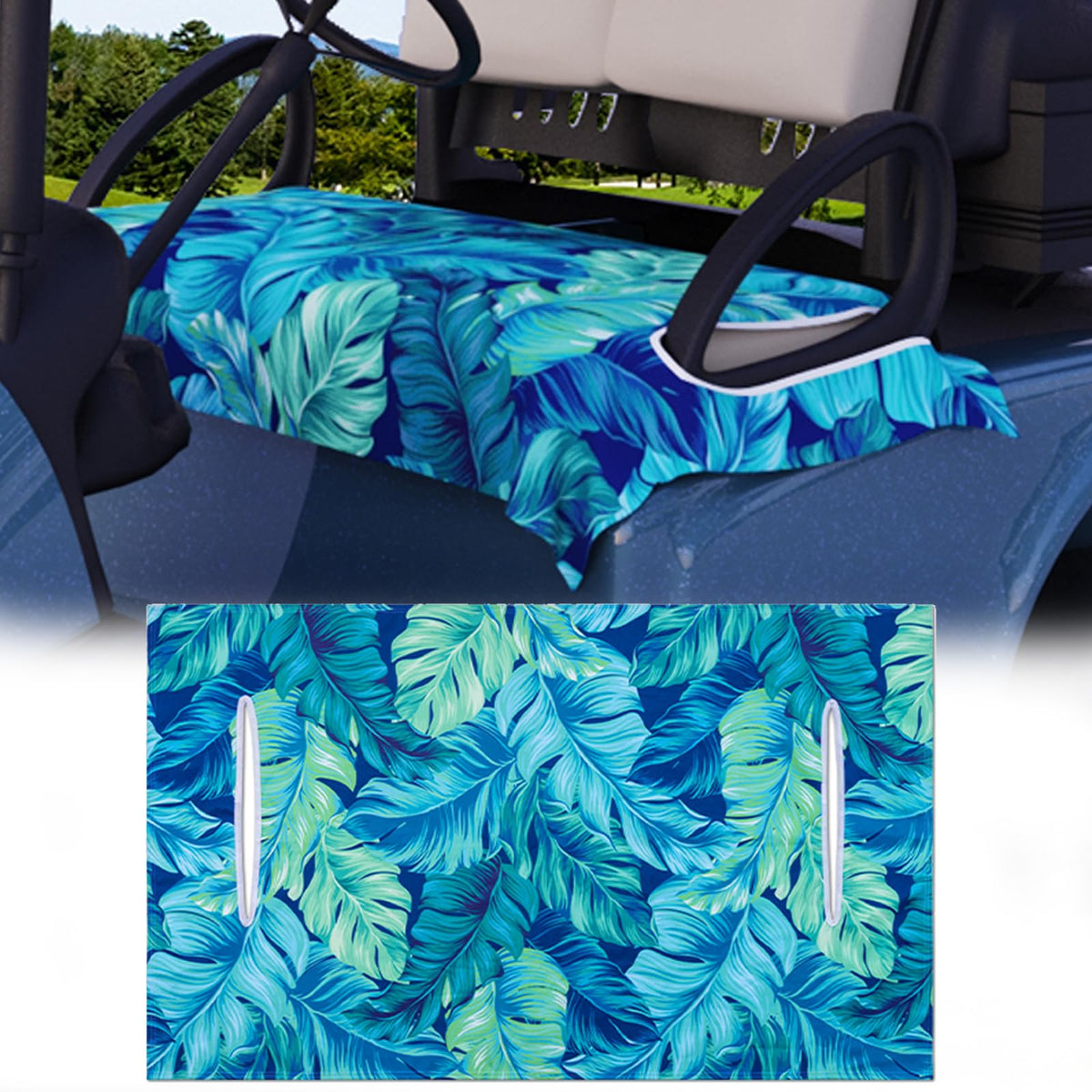AQQA seat cover on a two-seat cart demonstrates universal fit