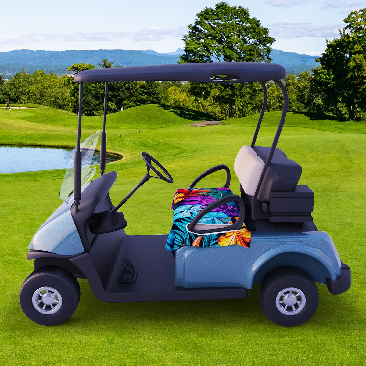 AQQA two-seat cart fit visual shows quick, tool-free setup.